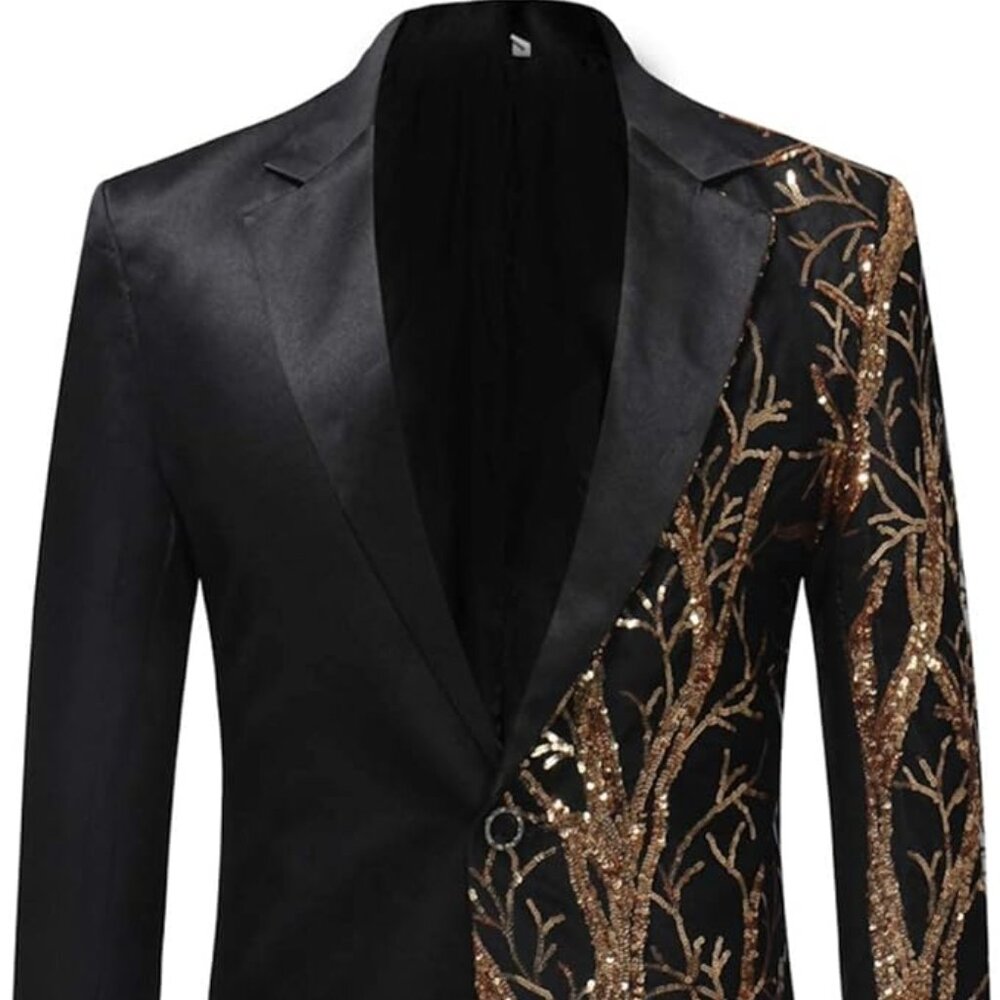 Cloudstyle Men's Black Tuxedo Jacket with Gold Sequin Detail Size Large